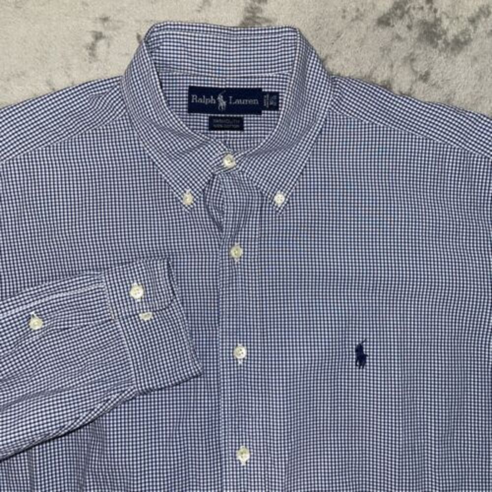 Ralph Lauren Mens L 100% Cotton Yarmouth Blue‎ Check Long Sleeve Shirt 16 34/35